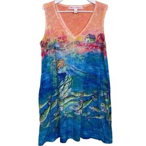 Leoma Lovegrove Coastal Beach Fish Boat V Neck Sleeveless Dress‎ Women's M